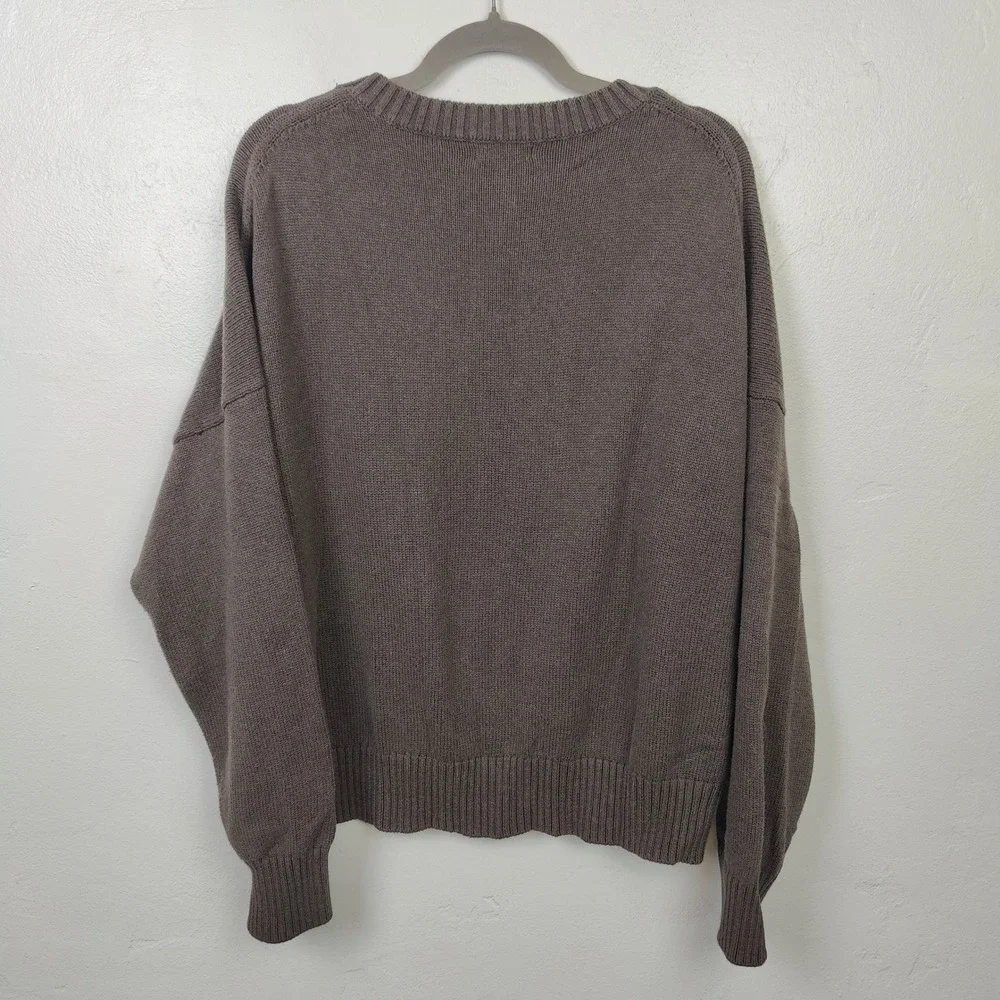 Quince Organic Cotton Boyfriend Crew Sweater Womens Large Brown Ribbed Oversized_5